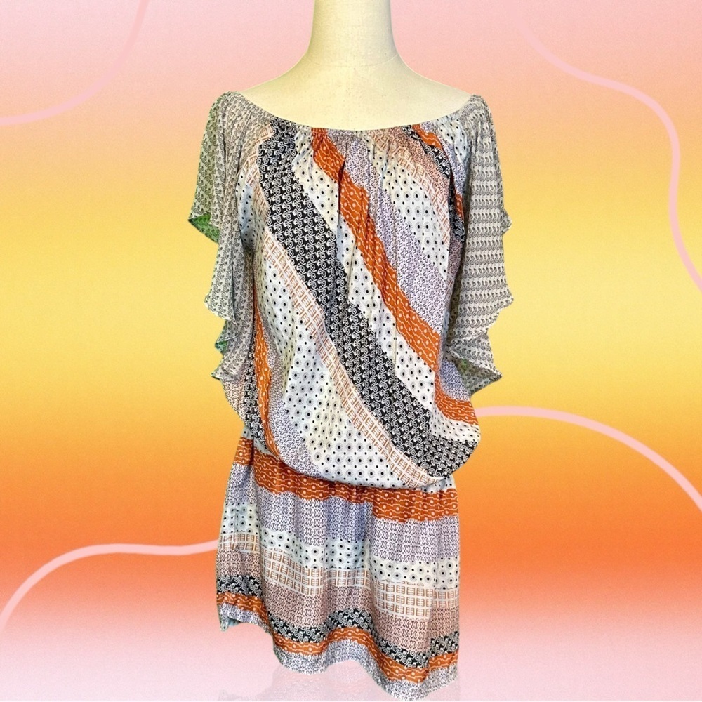 Gypsy 05 Gray & Orange Multi Bandana Print Striped Boho Silk Mini Dress Size M